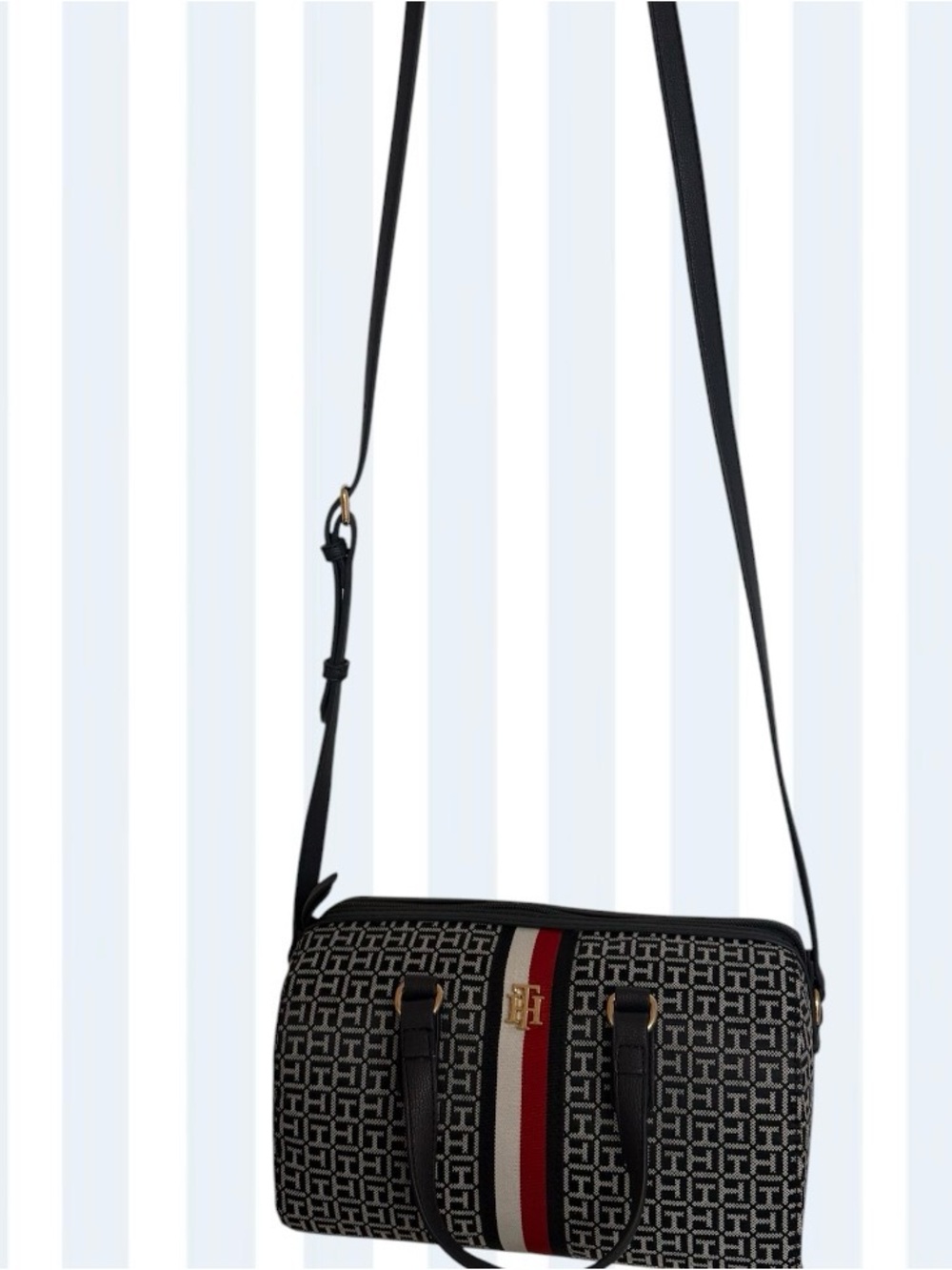 Tommy Hilfiger Black Monogram Crossbody with Red and White Stripe